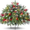 20" Prelit Small Christmas Tree with Lights, Battery Operated Xmas Tree with Pine Cones & Red Berries, Frosted Urn Filler, 50 LED Warm Lights with Timer, Outdoor for Porch and Pathway, 1 Pack
