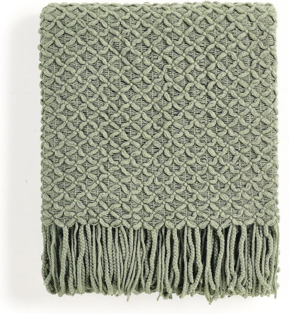 CREVENT Farmhouse Boho Knitted Throw Blanket for Couch Sofa Chair Bed Home Decoration, Soft Warm Cozy Light Weight for Spring Summer Fall (50''X60'' Sage Green)
