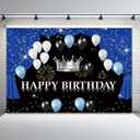 7x5ft Happy Birthday Backdrop Black White Balloon Theme Photography Background Glitter Blue Curtain Crown Fireworks Boys Kids Birthdays Party Banner Decorations Men Parties Photo Booth Prop (Color 1)