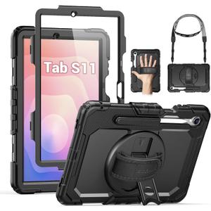 SEYMAC Case for Samsung Galaxy Tab S11 5G 2025 11 Inch, Heavy Duty Shockproof Protective Case with Screen Protector, 360 Rotating Stand, Hand/Shoulder Strap and Pen Holder, Black