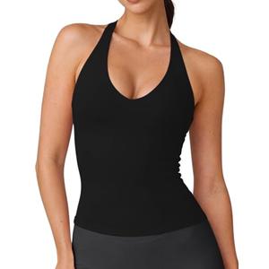 Ieumaz Women's Halter Neck Tank Top with Built in Bra Shelf Sleeveless Backless Longline Gym Yoga Workout Tops for Women Black, Medium