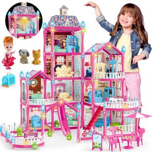 Doll House for Girls ,10 Rooms Pink Doll House with Dolls Figure, Puppies ,Furnitures, Accessories, LED Light, Toddler Playhouse Gift for for 3 4 5 6 7 8 9 10 Year Old Girls Toys