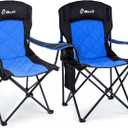 EMERIT 2 Pack Oversized Padded Camping Chair, 350LB Heavy Duty Quad Fold Chair with Arms, Collapsible Outdoor Chairs with Lumbar Back & Cup Holder, Blue（twin Pack)