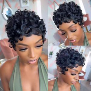 VRZ Pixie Cut Short Human Hair Wigs for Black Women Short Curly Pixie Cut Wig Human Hair Wear and Go Glueless Curly Human Hair Wigs for Daily Wear Full Machine Made Color 1B#L28FH