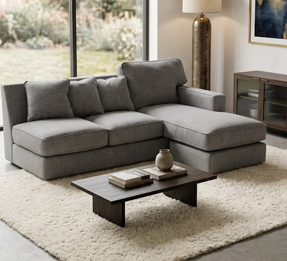 Sectional Couch, Light Blue, 86"L x 38"D x 38"H, 5' Chaise