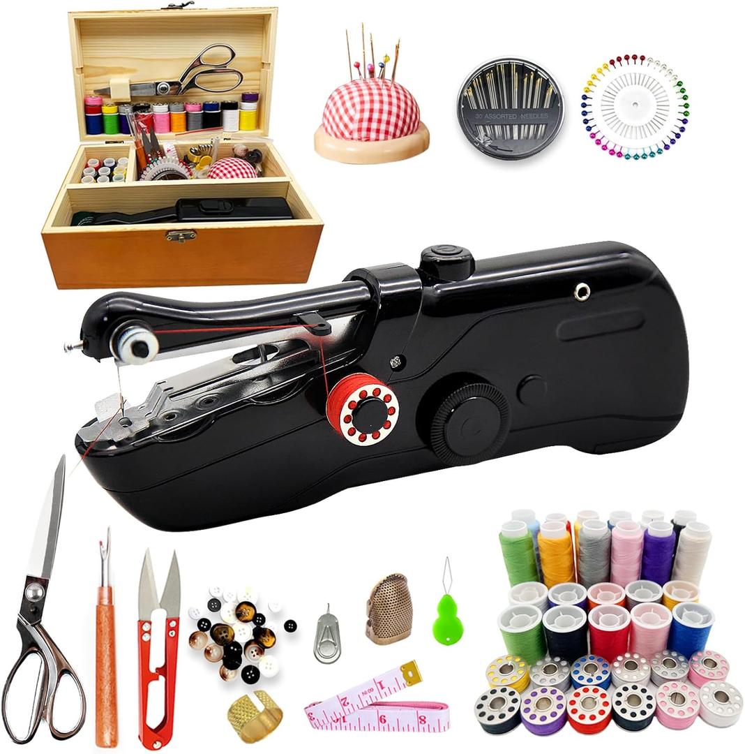Handheld Sewing Machine with Exquisite Wooden Storage Box & 142-Piece Sewing Kit - Electric Switch, Dual Power Supply, Assorted Needles, Threads, Heavy Duty Scissors - Meets All Household Sewing Needs (Black)