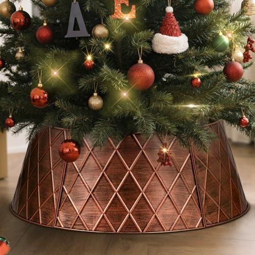 Lanpn Metal Christmas Tree Collar 24 inch, Christmas Tree Ring Collar for Small Mini Pencil Xmas Stand Cover Real Artificial Trees Indoor Outdoor Decoration (Bronze, Diamond)