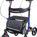 Aliseniors Upright Walker with Seat for Seniors, Extra-Wide Foldable Stand Up Rollator Walker with Padded Armrests, 8" All-Terrain Wheels, Medical Rolling Walkers for Adults, Supports 300lbs, Blue
