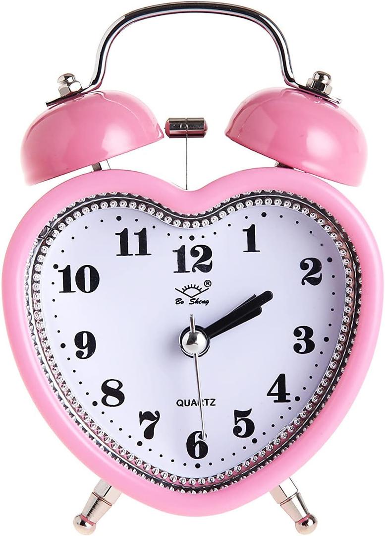 SHISEDECO 3 Inches Cute Twin Bell Loud Alarm Clock Silent Analog Quartz Nightlight Tableclock Battery Operated for Kids, Seniors, Heavy Sleepers, Decorations for Bedroom, Living Room (Pink)