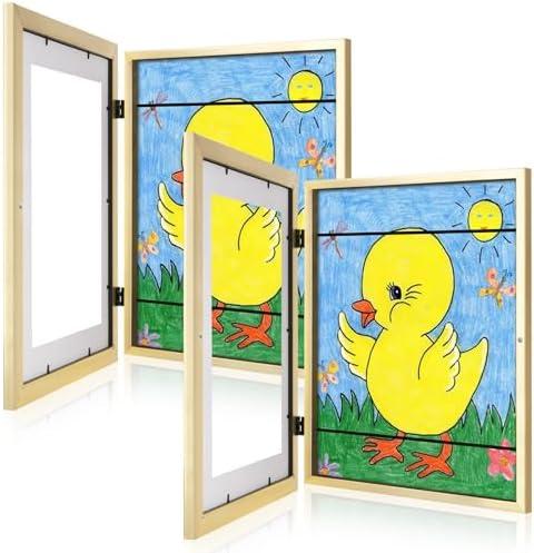 Kids Art Frames, 11x14 Front Opening Kids Artwork Frames Changeable, Gold Artwork Display Storage Frame for Wall, Holds 50 Pcs, for 3D Picture, Crafts, Children Drawing, Hanging Art, Portfolio
