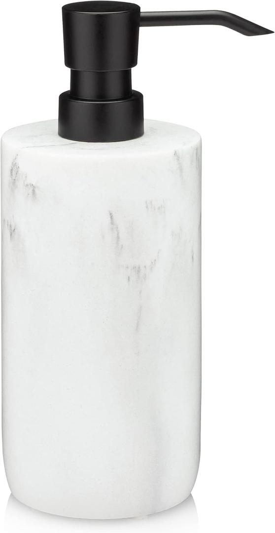 Essentra Home White Marble Soap Dispenser with Black Pump, Refillable Liquid Soap Dispenser for Bathroom & Kitchen. 16 Oz. Capacity.