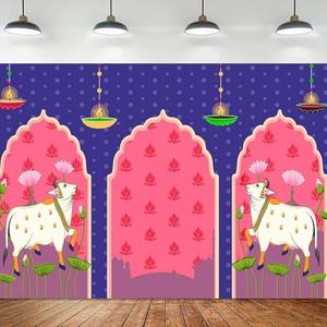 TYOOFD Indian Blue Lotus Cow Pooja Pichwai Backdrop for Traditional Indian Pooja Wedding Housewarming Diwali Ganapati Baby Shower Haldi Ceremonies Indian Wall Art Photo Background 9x6ft BJDWFD411