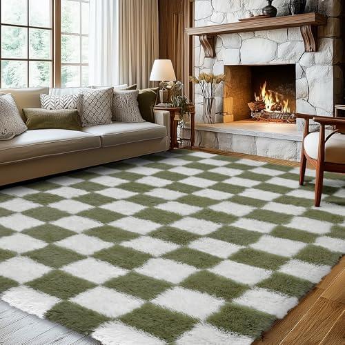 Ecoshag Soft Rugs for Living Room, 6x9 Ft Green and White Checkered Fluffy Shaggy Rugs for Indoor Use, High Pile Ultra Fuzzy Rug for Bedroom Kids Nursery Rooms,Home Decor Aesthetic
