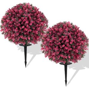 Artificial Boxwood Topiary Balls  Set of 2 UV-Resistant 23" Rose-Colored Faux Shrubs with Ground Spikes, Faux Evergreen Decorative Plants for Outdoor Indoor Porch Patio Garden
