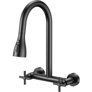HURRAN Wall Mount Kitchen Faucet with Pull Down Sprayer, Matte Black