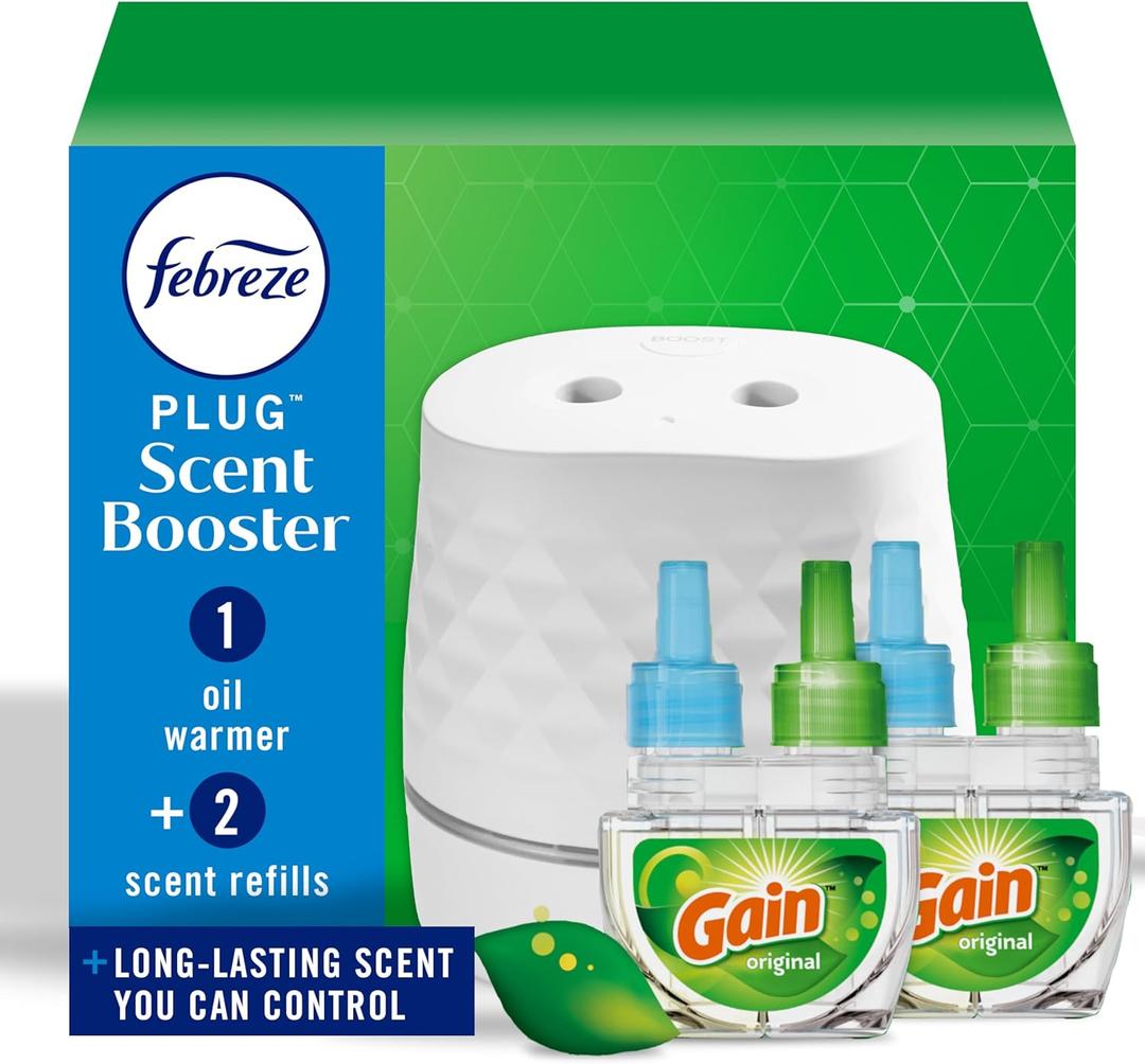 Febreze Plug Scent Booster Starter Kit – Air Freshener, Oil Diffuser, Continuous Scent Device, Includes 2 Gain Refills