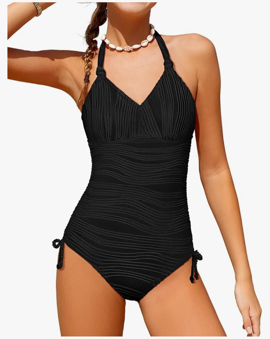 Girls One Piece Swimsuits Halter Strapless Bathing Suit for Girls Side Drawstring Ripple Girl Swimwear with Cover Up, 11-12Y