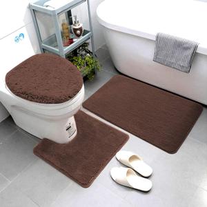 ITSOFT 3pc Non-Slip Shaggy Bathroom Mat Set, Includes 24 x 21 Inches U-Shaped Contour Toilet Rug, 34 x 21 Inches Bathmat and 1 Toilet Lid Cover, Brown