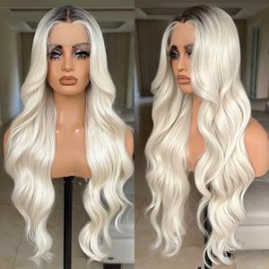 X-TRESS 30 Inch Blonde Lace Front Wigs Ombre blonde wig Body Wave Glueless Wig Middle Part Lace Frontal Wigs Pre Plucked For Women 13x4x1 Synthetic Wavy Wigs with Dark Roots