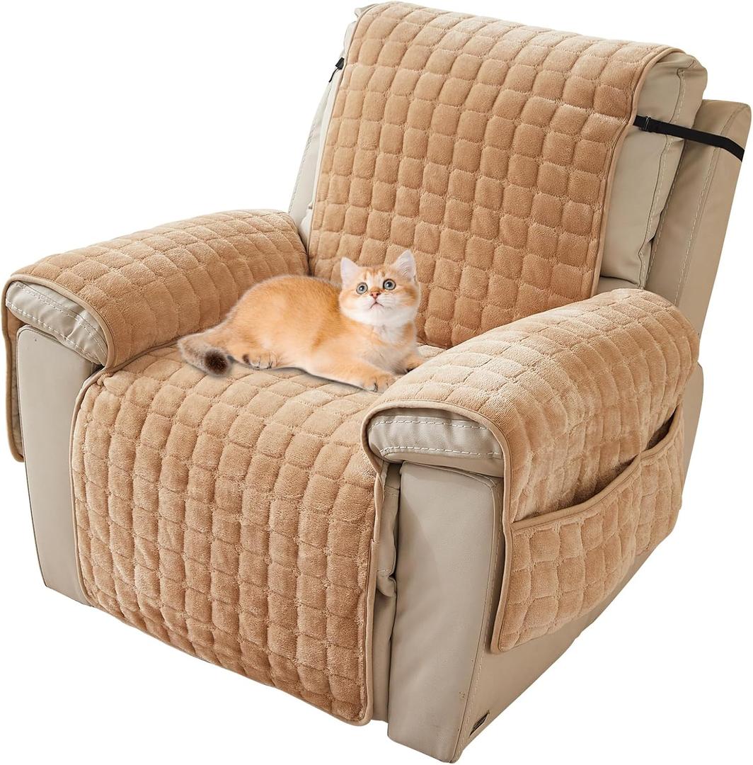 Plush Recliner Slipcover 30 Inches Washable Chair Covers Artificial Wool Lazy Boy Cover Quilted Cover for Recliner Chairs and Furniture,Large Taupe Chair Protector with Side Pocket for Kids/Pets