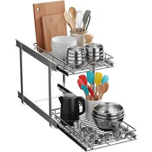 2-Tier Pull-Out Cabinet Organizer with Heavy-Duty Steel Frame, Full-Extension Sliding Shelves, Holds 100 lbs, Easy Install for Kitchen, Pantry & Under Sink Cabinets, 12" W x 21D x 16.5" H