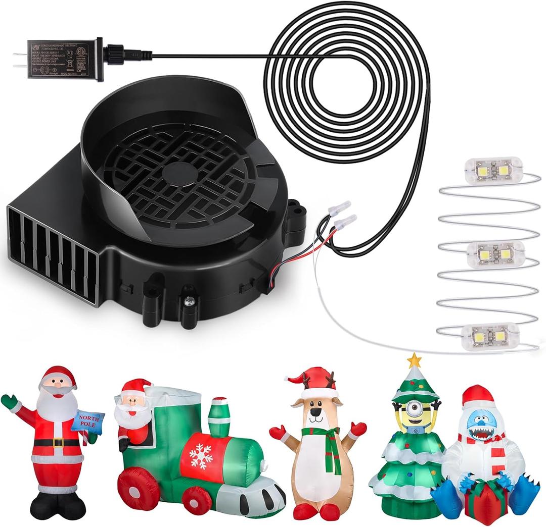Air Blower Fan for Inflatables, 12V 1.0A Airup Replacement Blower Fan with 1.25A Adapter and 3 LEDs Bulbs Light for Halloween and Christmas Inflatables (IP68 Waterproof, 2700RPM, 5.0 * 5.0'')