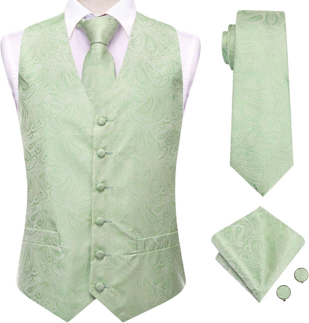 Dubulle Mens Suit Vest and Tie Set Paisley Floral Silk V-neck Waistcoats for Men with Necktie Wedding Tuxedo (3X-Large, A Sage Green)