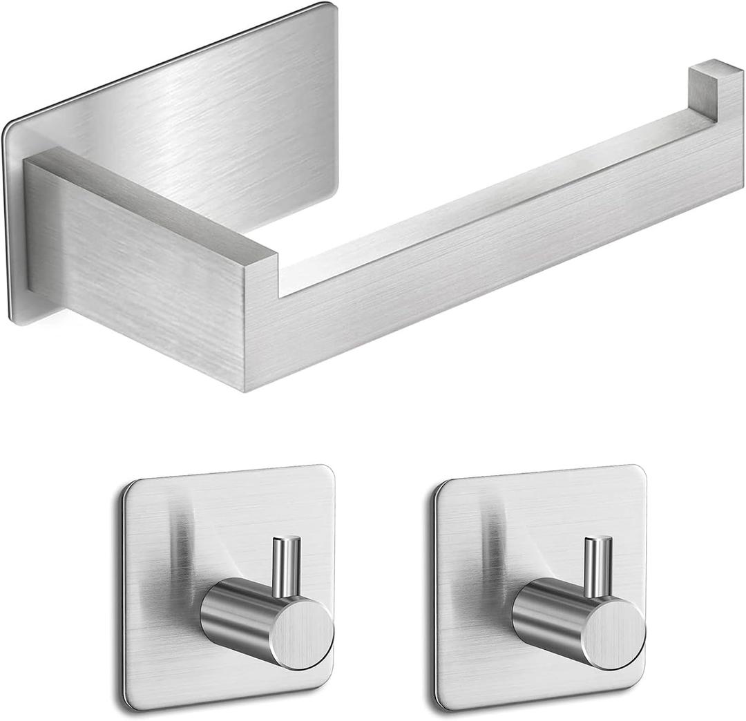 Toilet Paper Holder, Self Adhesive Toilet Roll Holder with 2 Pcs Towel Hook no Drilling for Bathroom, Kitchen, RV, SUS304 Stainless Steel Brushed Nickel