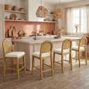 Rattan Counter Height Bar Stools Set of 2, Upholstered Farmhouse Barstools with Natural Rattan Back, Wooden Legs for Kitchen Island, Walnut/Linen