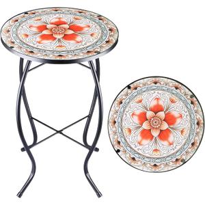 Arbuxzuy 12 Inch Small Outdoor Side Table with Pink Flower, Glass Mosaic Patio Table Indoor, Round Plant Coffee Table for Living Room, Balcony, Garden