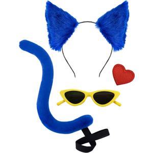 Blue Cat Ears Headband Cat Tail Set Yellow Glasses Heart Sticker Adult Christmas Halloween Costume Party Accessories