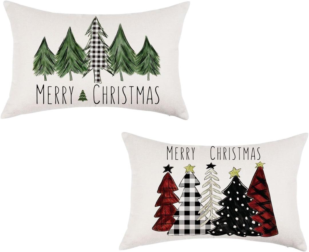 ONWAY Christmas Pillow Covers 12x20 Inch Set of 2 Trees Red Black Green Buffalo Plaid Decorative Lumbar Pillowcases Winter Holiday Cushion Cases for Christmas Decorations (Beige)