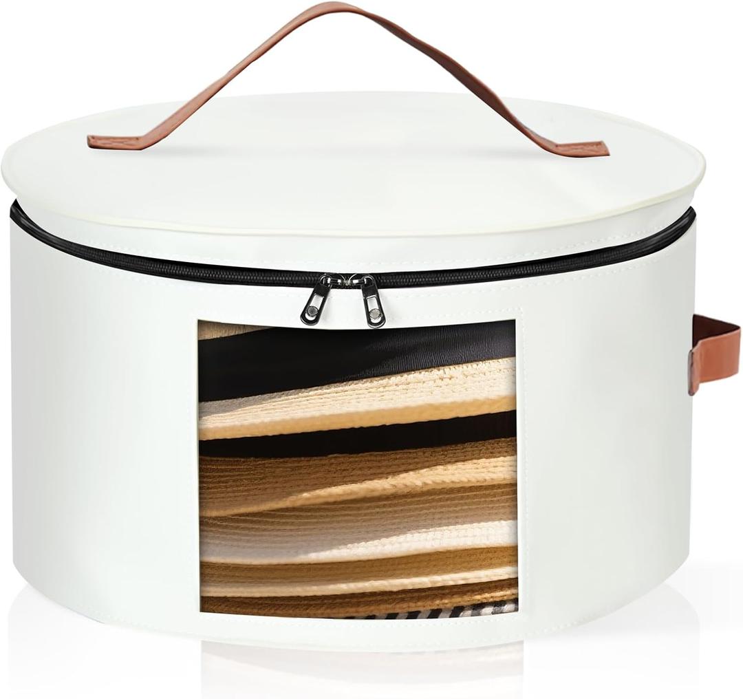 Kovpnor Round Hat Box, Stackable Felt Hat Boxes for Women Storage, Foldable Premium Hat Travel Case with Dustproof Lid, Space Saving Hat Organizer (White)