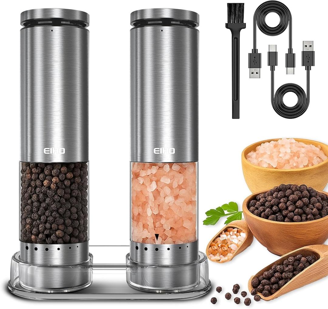 Electric Salt and Pepper Grinder Set Rechargeable, Automatic Salt and Pepper Shakers Mills External Adjustable Coarseness, Kitchen Gadgets, Stocking Stuffers Christmas Cooking Gifts for Men Women (Storage Base-Stainless Steel Set)