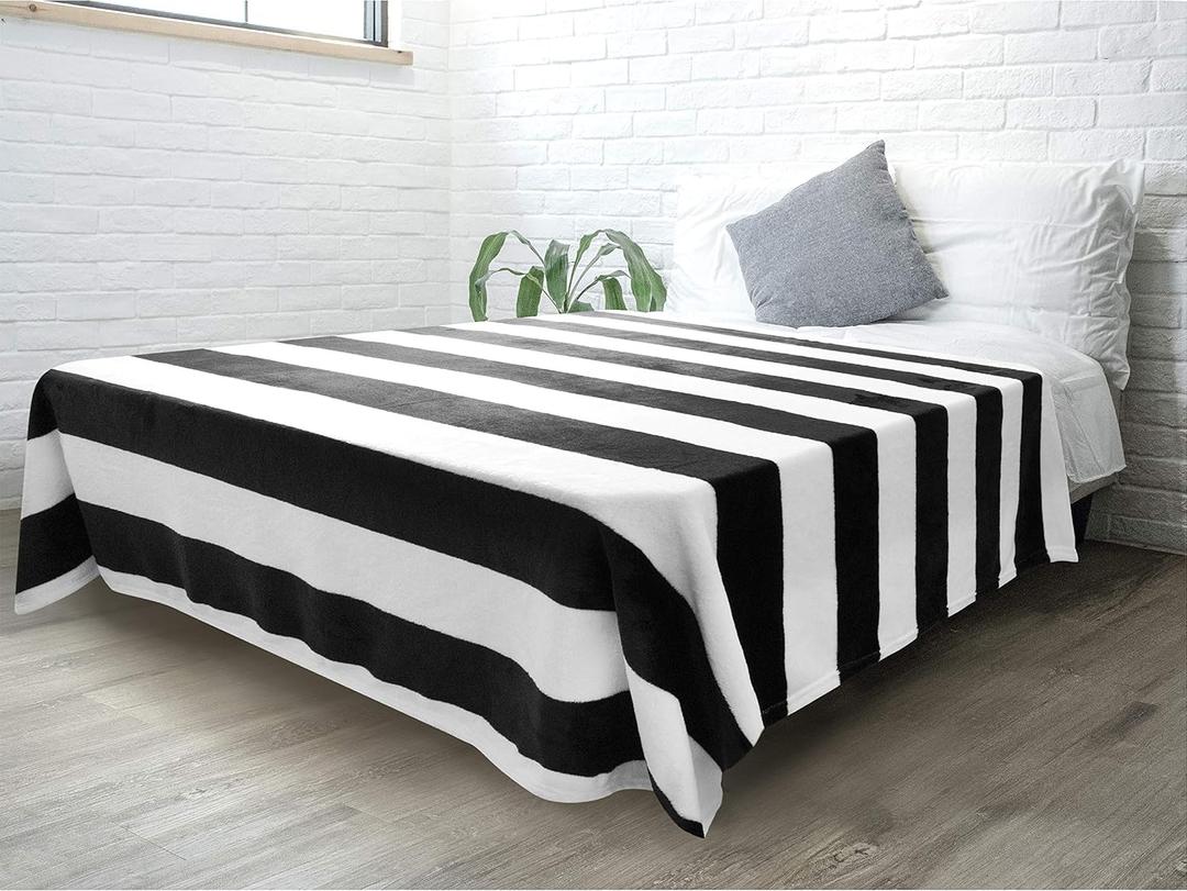 PAVILIA Striped Blanket for Sofa Couch Bed | Soft Flannel Fleece Stripe Black and White Decorative Throw | Warm Cozy Lightweight Microfiber  100x60 In
