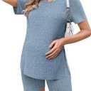 Ekouaer Maternity Sets 2 Piece Outfits Ribbed Knit Short Sleeve Shirts and Biker Shorts Pregnancy Loungewear Mama Clothes (Medium, Blue)