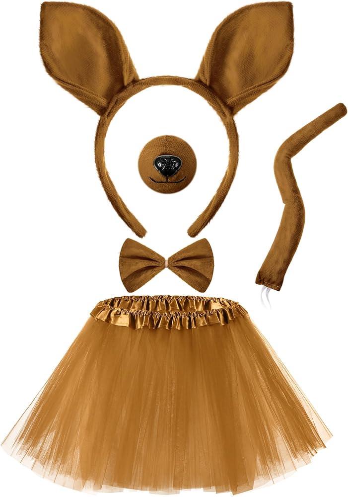 Zhanmai 5 Pcs Kangaroo Costume Set Tutu Skirt Ears Headband Bowtie Tail Nose for Mardi Gras 100th Day of School Party Outfit
