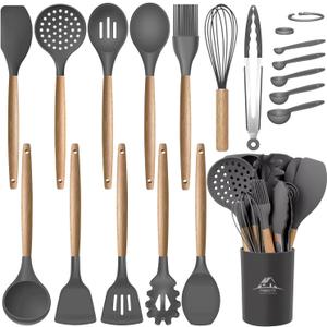 MIBOTE 17 Pcs Silicone Cooking Kitchen Utensils Set with Holder, Wooden Handles Silicone Turner Tongs Spatula Spoon Kitchen Gadgets Utensil Set for Nonstick Cookware (Grey) 