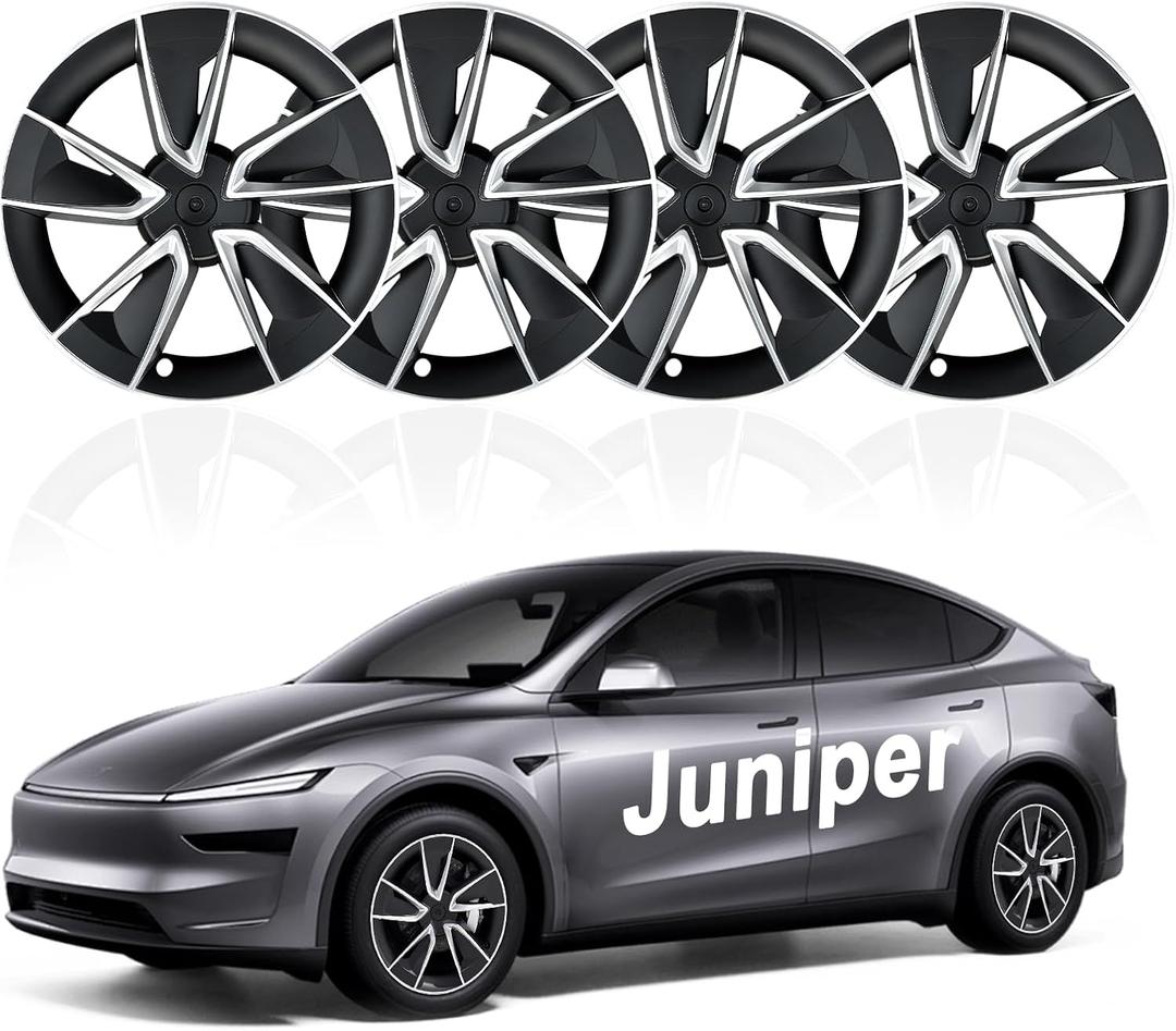 Upgraded 2025 Model Y Juniper Wheel Covers for Tesla Accessories 2025 19 Inch Rim Protectors (Set of 4) with Enhanced Elasticity Wheel Cover Replacement (Silver+Black)