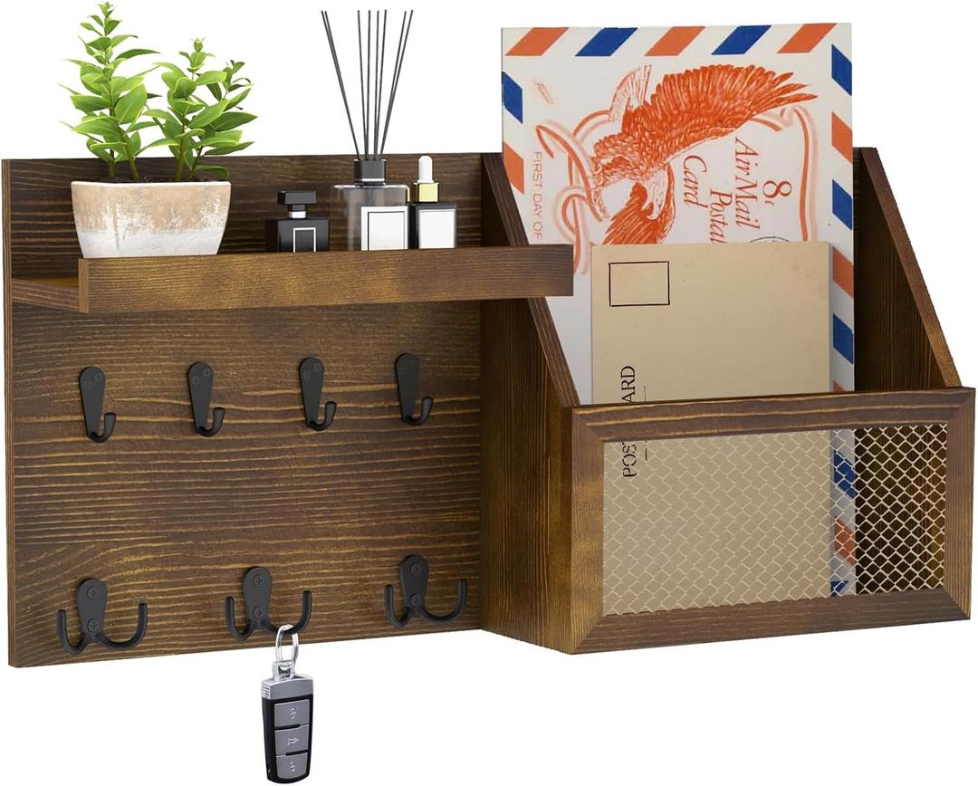 Key Holder Wall Mount Pine Wood 16 X 8 Mail Organizer Key Rack for Wall with Hooks and Shelf, Rustic Wooden Key Hanger for Entryway Rustic, Brown