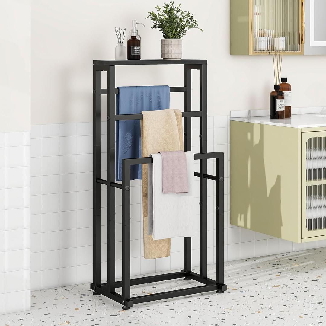 Free Standing Towel Rack for Bathroom, 3 Tier Metal Blanket Rack with Shelf, Blanket Drying and Display Rack for Oversized Bath Towels Bathroom Accessories, Next to Tub or Shower, Black