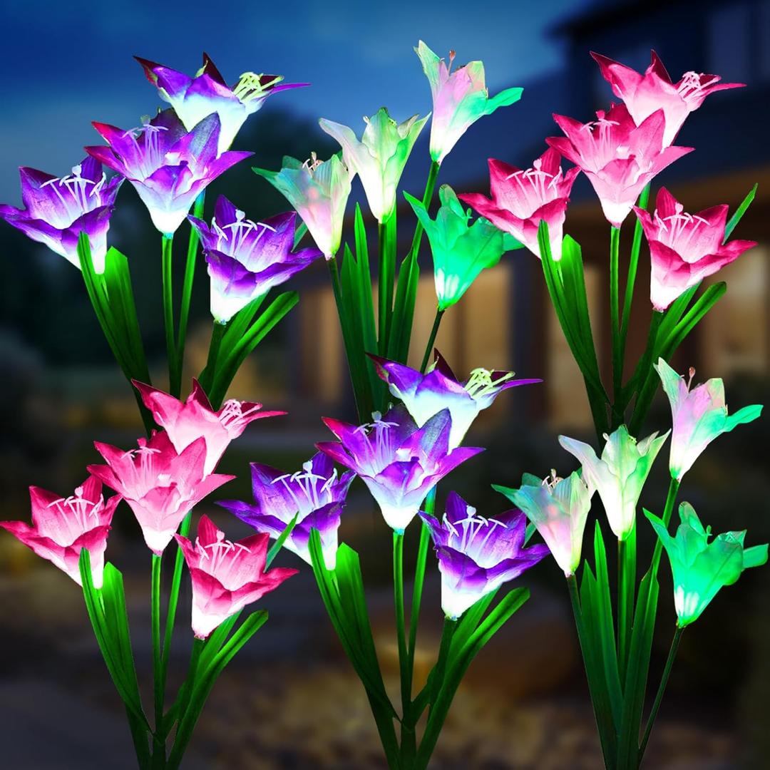 KOOPER Outdoor Solar Lights, 6 Pack Solar Garden Lights with Bigger Lily Flowers, Waterproof 7 Color Changing Solar Lights Outdoor - Bigger Solar Panel for Outdoor Patio Yard Garden Decoration