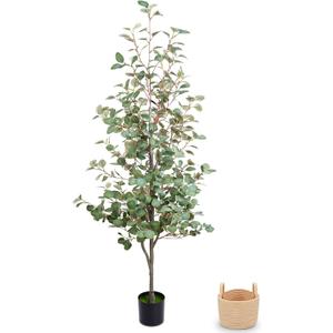 Artificial Eucalyptus Tree 6FT, Faux Eucalyptus Trees with Woven Basket & Natural-Looking Wood Trunk, Lush Realistic Leaves, Maintenance-Free Fake Eucalyptus Plants for Indoor Home Office Decor
