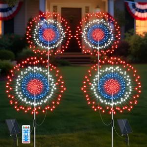 4th of July Decorations Firework Solar Lights Outdoor, 8 Modes & Timer Remote Red White and Blue Patriotic Lights with 180 LED for Garden Yard Patio Pathway Lawn Fourth of July Decor(2 Set of 2 Pack)
