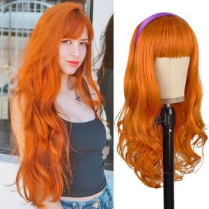 Orange Ginger Wig With Bangs Long Curly Wavy Daphne Costume Wig Heat Resistant Synthetic Bangs Wigs for Women Daily Party Use (26 Inches)
