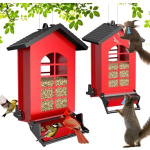 Wildpark Squirrel Proof Bird Feeder for Outdoors Hanging, 8LBS Metal Hanging Bird Feeder with Bilateral Weight-Activated Perches, Large Capacity Wild Bird Feeder - Squirrel Chewing ProofRed