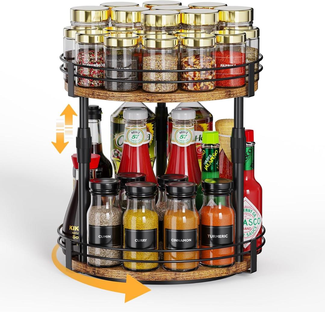 Across-Star Lazy-Susan-Organizer-Spice-Rack, Rotating Spice Organizer For Cabinet Pantry, Seasoning Holder Spice Shelf With Adjustable Height, Kitchen Counter Shelf Countertop Organizer (10"D x 10"W x 13.19"H, Rustic Brown)
