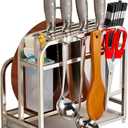 Knife Holder Storage Organizer with Hooks, Stainless Steel Knife Block Holder Cutting Board Rack,Kitchen Utensils Holder with Drainer Tray for Kitchen Countertop