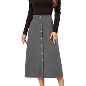Shefae Women's Corduroy Midi Long Skirt Button Front High Waist A-Line Skirt (Medium, Green)
