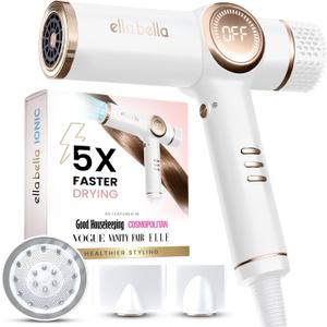 ELLA BELLA Ionic Hair Dryer with Diffuser - Negative Ion Blow Dryer, Quiet | Professional-Grade Blow Dryer. Intelligent Heat Control & Rapid Drying, Lightweight, Low Noise, All Hair Types, White
